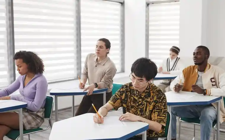 교실에서 선생님과 학생들이 수업하는 모습